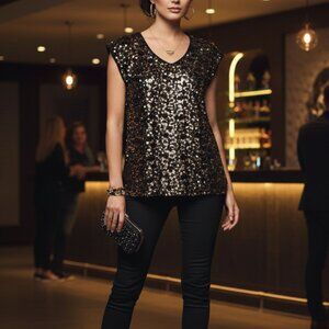 Material Girl (S) Black and Gold Sequin Sheer Back Top